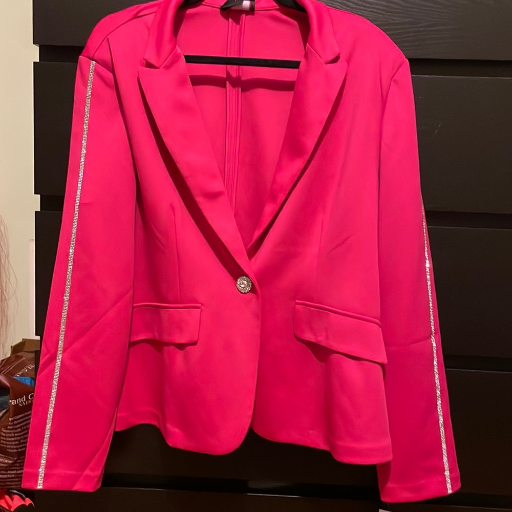 Women pink blazer jacket with rhinestones Hot color Barbie style cute fashion